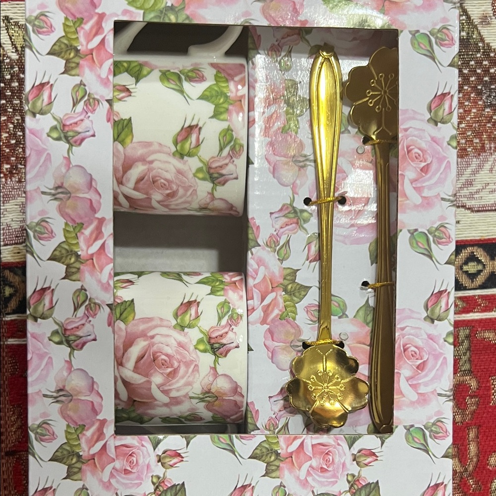Floral Pink Rose Teacup Set with Gold Serving Spoon
